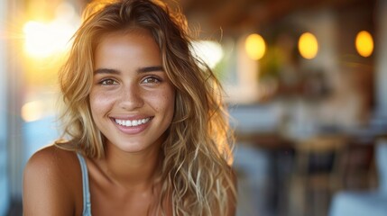 Obraz premium A woman with blonde hair smiles at the camera