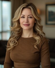 A woman in a brown shirt smiles