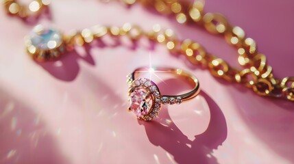 High angle shot of a beautiful ring and necklaces on a pink surface