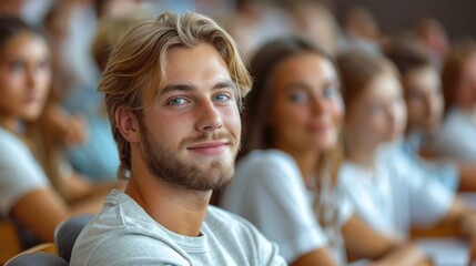 Fototapeta premium A row of young individuals seated together outdoors