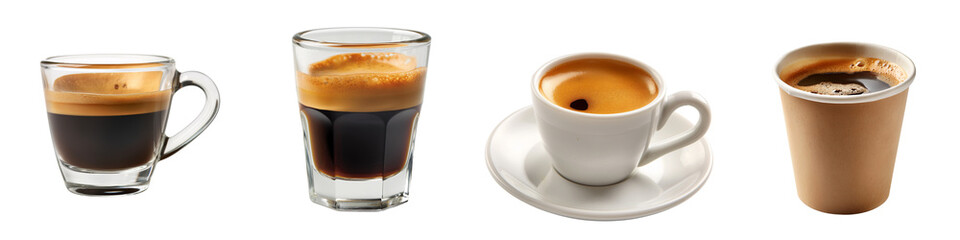 Set of Espresso Coffees in Different Cups isolated on Transparent Background