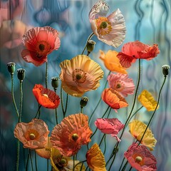 Vibrant poppy flowers bloom in a field, creating a colorful natural landscape