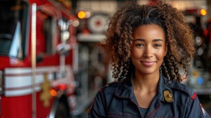 A woman wearing a uniform stands confidently in front of a red fire truck