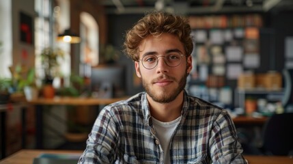 Obraz premium A man wearing glasses is seated at a table