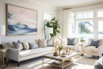 Coastal elegance in a living room adorned with navy and coral accents, bathed in the soft glow of summer light streaming through sheer curtains and embracing modern comfort