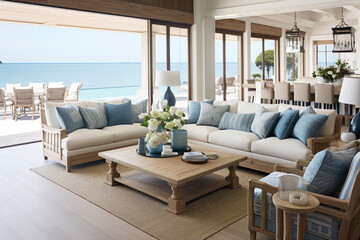 Coastal comfort in a living space adorned with aqua and navy hues, where driftwood-inspired decor...