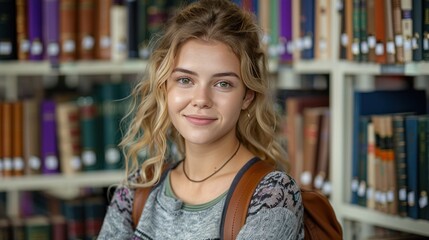 Woman standing in front of a full bookshelf, looking at books