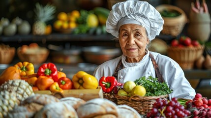 Female chef in full chefs outfit standing confidently in front of a table overflowing with delicious dishes