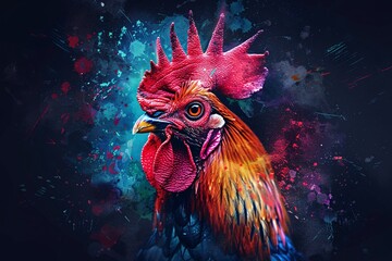 a rooster with a colorful head - obrazy, fototapety, plakaty