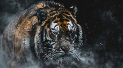 A tiger is walking through snow in the darkness