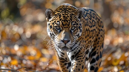 Obraz premium A large leopard moves through a forest filled with leaves