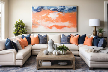 Coastal hues take center stage in a contemporary living room with navy and coral accents, bathed in the warm glow of summer sunlight, creating a stylish and inviting retreat