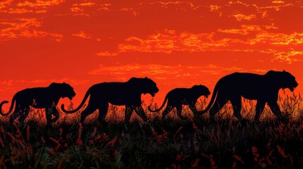 Pride of lions in silhouette against a fiery sunset sky - obrazy, fototapety, plakaty