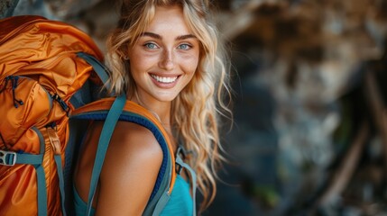 A woman smiling with a backpack on her back poses for the camera