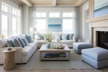 Coastal serenity in a summer-inspired living room with navy and aqua accents, where driftwood...