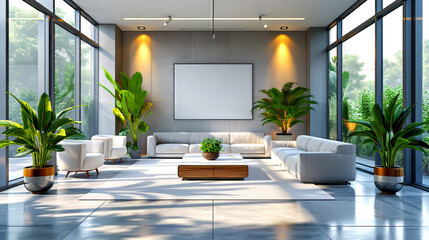 Interior of modern living room with white walls, tiled floor, panoramic windows, comfortable white sofas and vertical mock up poster.