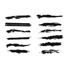Assorted Grunge Brush Strokes Set on White Background. A diverse collection of black grunge brush strokes ideal for textured designs and creative graphics