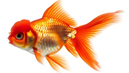 Fototapeta premium Lionhead goldfish, Carassius auratus, in front of white background