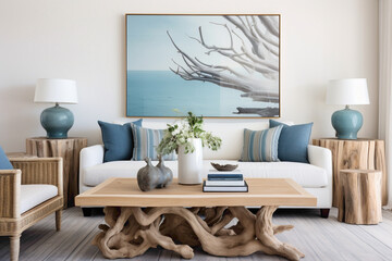 Coastal sophistication in a living space adorned with aqua and navy hues, complemented by driftwood-inspired decor, creating a modern retreat that mirrors the serenity of summer