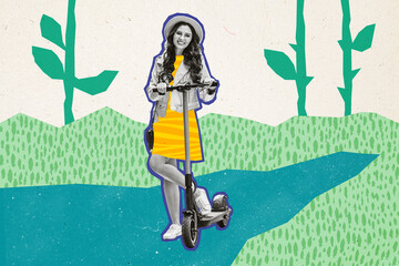 Abstract creative artwork template collage of smiling happy lady riding kick bike outdoors park isolated painting background