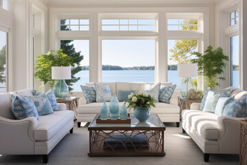 Coastal serenity indoors, with aqua throw pillows adorning plush white sofas, framed by navy accents and panoramic windows that capture the essence of a sunlit summer day