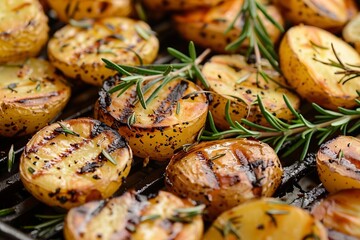 Close Up of Grill With Potatoes and Rosemary