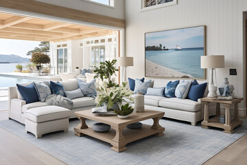 Coastal sophistication in a living space featuring aqua and navy accents, complemented by driftwood textures, creating a modern retreat that mirrors the serenity of a summer day
