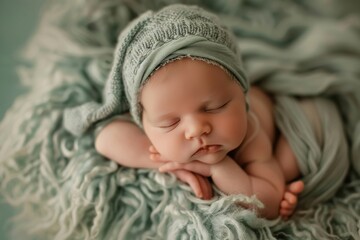 Fototapeta na wymiar Front view of newborn baby sleeping with hands under his head Newborn baby care concept