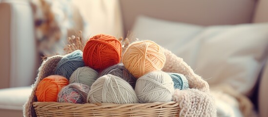 Vibrant Basket Full of Colorful Yarn Balls and Knitting Needles on Cozy Sofa