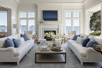 Coastal sophistication in a living space adorned with marine blues and crisp whites, accented by golden hues, creating a timeless retreat that mirrors the beauty of summer