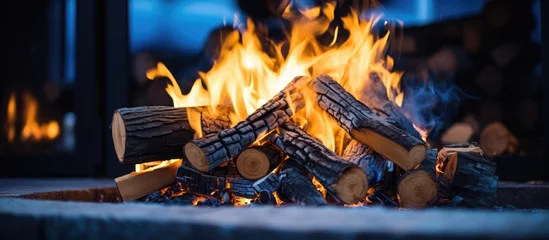 Fotobehang Cozy Evening Atmosphere: Illuminated Firewood Logs Burning in a Blue Light Fireplace © vxnaghiyev