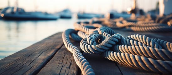 Nautical Atmosphere: Boat Mooring Ropes on a Rustic Wooden Dock Overlooking the Harbor - obrazy, fototapety, plakaty