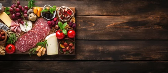 Stoff pro Meter Mouthwatering Antipasti Platter Overflowing with Italian Delicacies on Rustic Wooden Table © vxnaghiyev