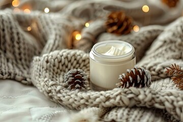 Fototapeta na wymiar A cozy winter skincare scene with rich creams and a knitted background