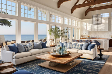 Fototapeta na wymiar Coastal sophistication reflected in a living space adorned with deep blue upholstery, coral-patterned rugs, and seashell decor, basking in the glow of summer light
