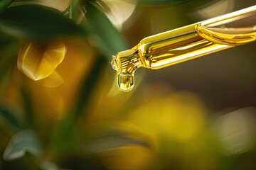 A soothing view of a skincare oil dropper with a focus on the golden liquid