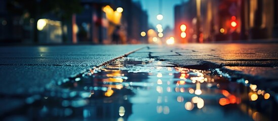 Urban Reflections: Puddle on City Sidewalk Illuminated by Night Lights