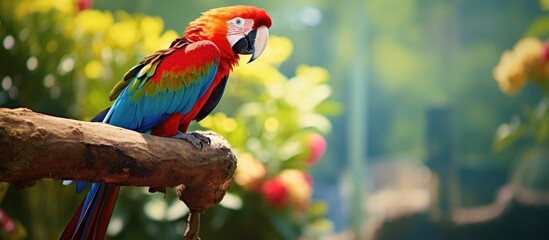 Vibrant Macaw Perched on Lush Tropical Tree Branch in Colorful Garden Oasis - obrazy, fototapety, plakaty