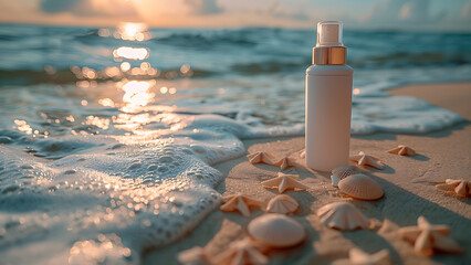 Pump bottle cosmetic products on beach background.	