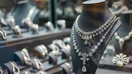 Jewelry diamond rings and necklaces show in luxury retail store window display
