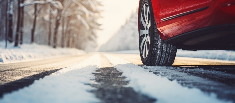 Red Car Cruising Along Snowy Road in Winter Wonderland Adventure