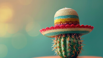 Mexican party concept with cactus and sombrero hat. - obrazy, fototapety, plakaty