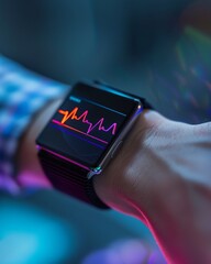 Heart rhythm stabilizing wearable on a wrist syncing with a health app showing real time ECG and alerts - obrazy, fototapety, plakaty