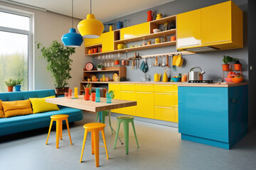 Colorful kitchen interior design with minimalist furniture, vibrant utensils, and captured in vivid HD quality.
