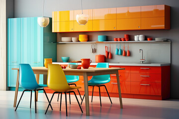 Colorful kitchen interior design with minimalist furniture, vibrant utensils, and captured in vivid HD quality.