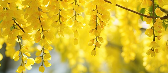 Vibrant Laburnum Tree with Golden Leaves in Close-Up Nature Shot - obrazy, fototapety, plakaty