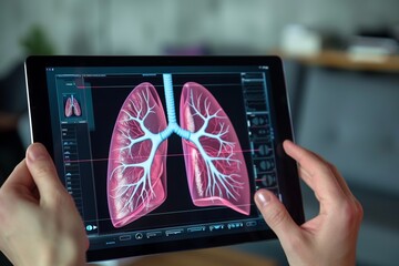 Lung capacity virtual trainer app on a tablet with interactive exercises to increase breathing strength and endurance - obrazy, fototapety, plakaty