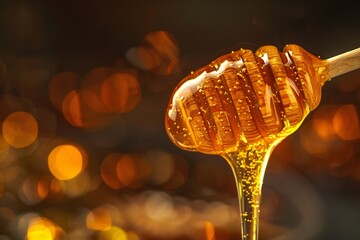 a honey dripping from a stick - obrazy, fototapety, plakaty