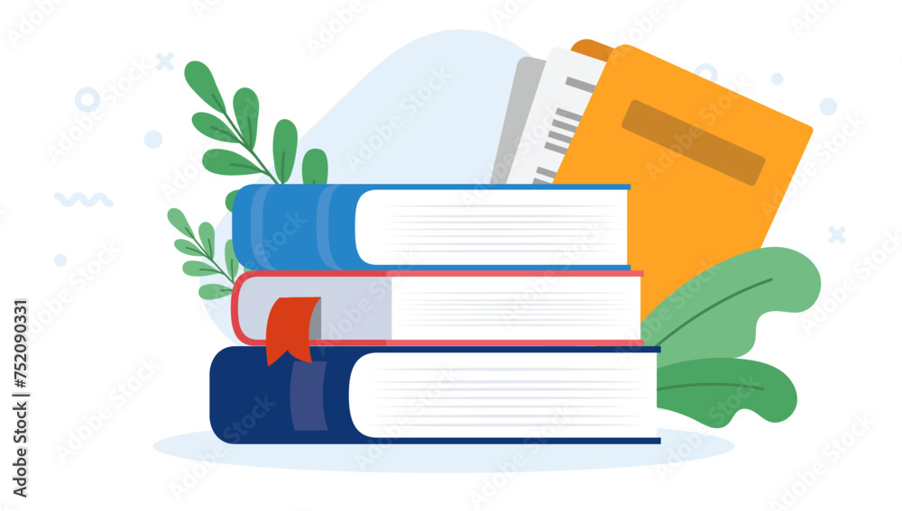 Aufkleber Stack of school books - Simple vector illustration of education book on top of each other with decorative leafs and white background in flat design