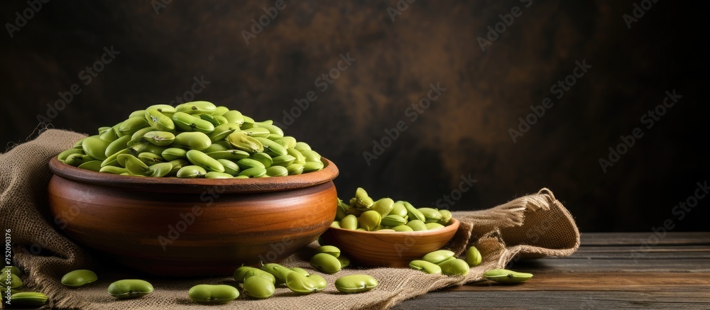 Poster organic boiled broad beans displayed on a rustic wooden table setting